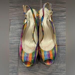 Stuart Weitzman Multi-colored Striped Peep-Toe Slingback Heels